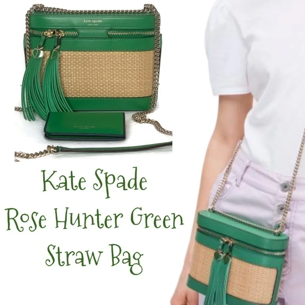 Kate Spade Rose Straw Green Crossbody Bag Wallet